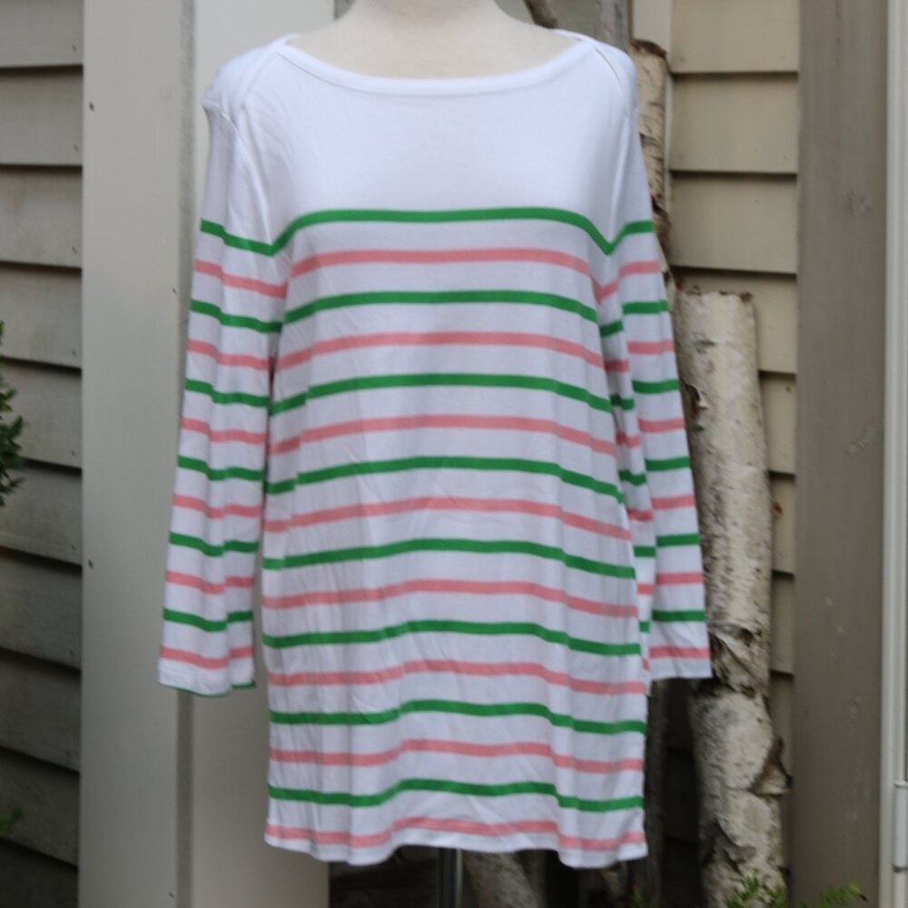 Style & Co Plus Size White 2 Pink & Green Stripes Boat Neck Pima Cotton Tee XXL